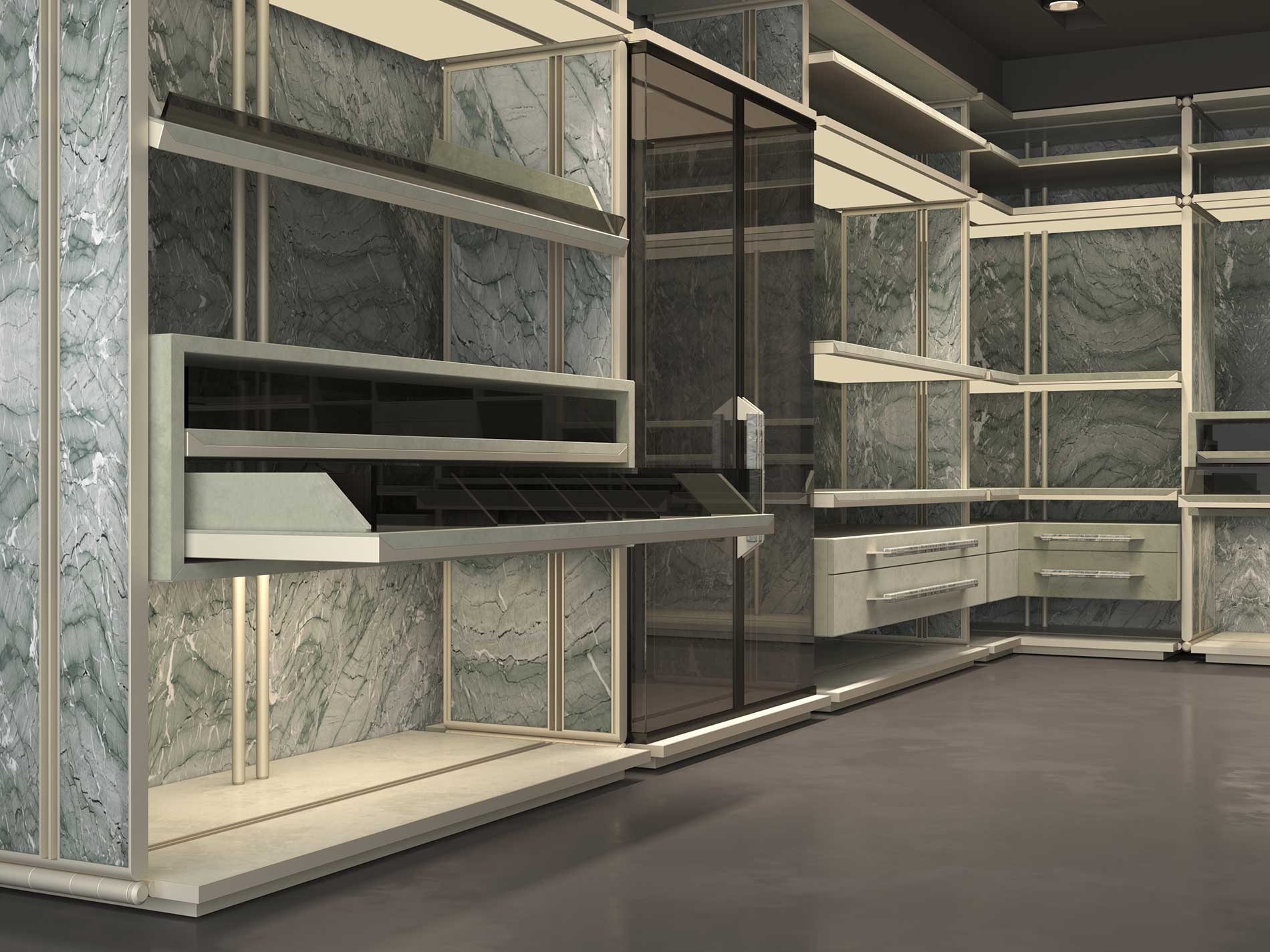 Walk in closet - Verde Antigua marble and nabuk beige back / emperador dark -Bespoke Furniture 